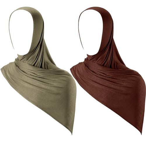 Handepo 2 Pcs Instant Hijab Jersey Hijab for Women Muslim Head Scarf Soft Lightweight Long Stretch Scarf Shawl Wrap - color: Coffee, Army Green