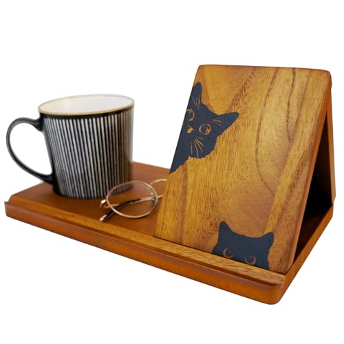 Wooden Book Stand, Triangle Book Holder, Small Bookshelf, Black Cat Book Rest with Cup Holder, for Reading or Desktop Decoration, Coffee and Book Lovers Father's Day Gifts for Dad & Husband