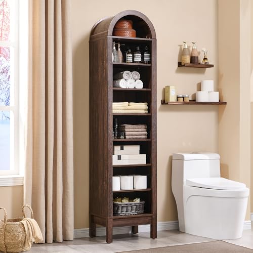 IFBUY 71" Tall Arched Bathroom Storage Cabinet, 8-Tier Modern Farmhouse Storage Cabinet with Adjustable Shelves, Wood Freestanding Cabinet for Bathroom, Living Room, Entryway, Hallway (Brown) - color: Brown, size: 71" Tall 8-Tiers(Middle)