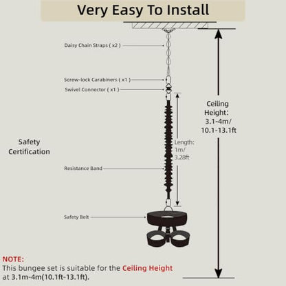 Bungee Fitness Set,CE Certified 6 Sizes(88-220 lbs)Bungee Cord Kit | 3.3ft/1M Elastic Bungee Rope w/1377 lbs MBL+Adjustable Harness+Rigging Hardware,Anti-Gravity Workout Kit for 88-220 lbs Uers - size: M 132-154 lbs