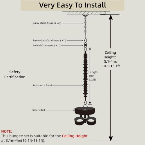 Bungee Fitness Set,CE Certified 6 Sizes(88-220 lbs)Bungee Cord Kit | 3.3ft/1M Elastic Bungee Rope w/1377 lbs MBL+Adjustable Harness+Rigging Hardware,Anti-Gravity Workout Kit for 88-220 lbs Uers - size: S 110-132 lbs