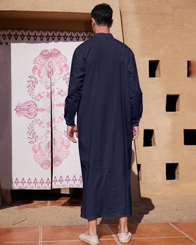 YAOHUOLE Muslim Thobe for Men Button down Mens Caftans Big and Tall Mens Arab Thobe with Pocket - color: Dark Blue, size: X-Large