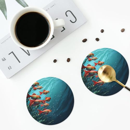 Drink Coasters Set of 4 Leather Coasters for Drinks Fish Aquarium Round Cup Mat Pad Easy Clean Bar Coasters Heat Resistant Funny Cup Coasters for Tabletop Protection,4 Inches - color: Round Shape