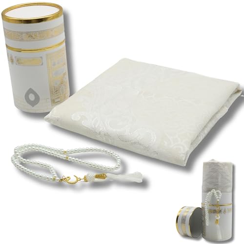 Muslim Prayer Rug & Rosary Set with Kaaba Gift Box - Islamic Gifts Set, Janamaz, Sajadah, White CRK02