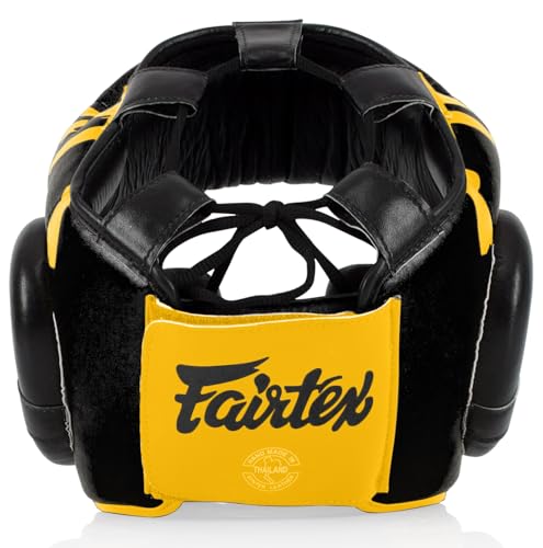 Fairtex Full Head Guard, Muay Thai MMA Sparring Helmet Protective Headgear | Handcrafted 3-layer padding shell. Lightweight sleek construction shields against elbows during high-intensity ring session - color: HG16M2 - Black/Gold Screen, size: Large