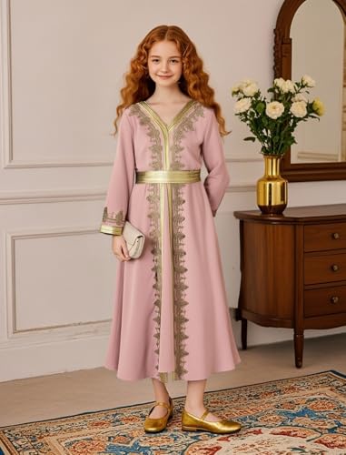 Muslim Dress for Kids Girls Abaya Middle East Ramadan Long Sleeve Lace Prayer Dress Arabic Kaftan with Belt - color: Pink, size: 10-11 Years