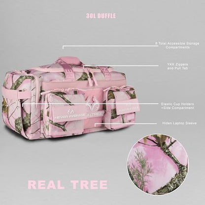 WOLFpak 30L Perfect Duffle Bag (Realtree APX Flushing Pink) Tactical Gym Bag Hardshell Base 1000D Waterproof Travel Carry On with Shoe Compartment, Dual Cup Holders, Laptop Sleeve & Molle Straps - color: Realtree APX Flushing Pink