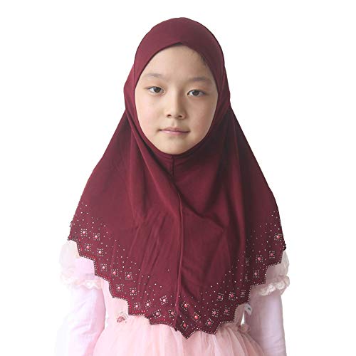 Girls Hijab with Rhinestones – Sparkly Non-Slip Amira Scarf for Kids, for Daily Prayer, School, Ramadan & Eid (Ages 4-12) - color: Wine Red