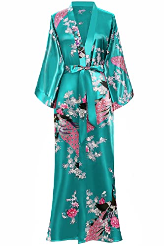 BABEYOND Women's Kimono Robe Long Satin Robes with Peacock and Blossoms Printed Kimono Nightgown - color: Dark Green, size: One Size Plus