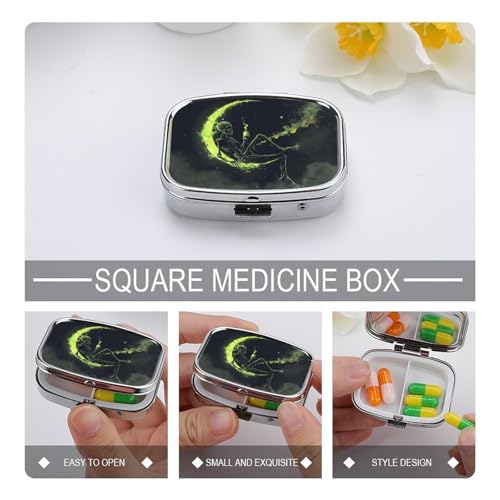 Metal 2 Compartment Pill Organizer Travel Friendly Portable Compact Pill Box Cute Pill Case to Hold Vitamins,Fish Oil,Supplements,Meds,Tablet for Purse,Pocket. (The Skeleton on the Moon) - color: The Skeleton on the Moon