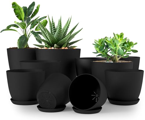 Plant Pots Indoor with Drainage, 10 Pack Multi-Size Planters Set, Black | Drainage holes included Multiple sizes 7/6.6/6/5.3/4.8 In Indoor plants and flowers Durable plastic construction - color: Black, size: Pack of 10