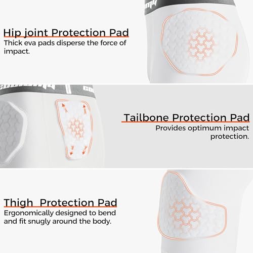 COOLOMG Youth Football Girdle 5 Pad Football Compression Shorts with Cup Pocket Integrated Hip Tailbone Thigh Pads - color: White, size: X-Small