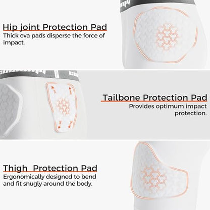 COOLOMG Youth Football Girdle 5 Pad Football Compression Shorts with Cup Pocket Integrated Hip Tailbone Thigh Pads - color: White, size: Large