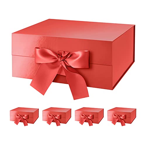HAPPY POTATO 5 Red Magnetic Gift Boxes with Lids and Ribbon 9x6.5x3.8 Inch - color: Red-Ribbon-9x6.5x3.8 Inches-Pack of 5