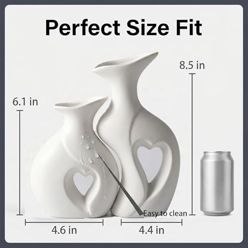 White Heart Vase Set of 2,Modern Vases for Home Console Table Decor for Living Room Coffee Table Fireplace Bookshelf Decorations（3.5" L x 4.4" W x 8.5" H）