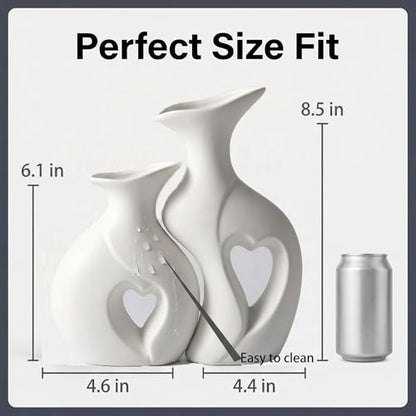 White Heart Vase Set of 2,Modern Vases for Home Console Table Decor for Living Room Coffee Table Fireplace Bookshelf Decorations（3.5" L x 4.4" W x 8.5" H）