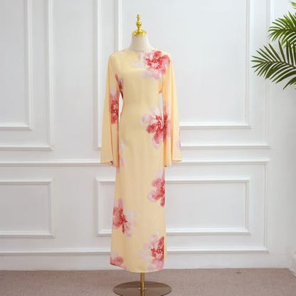 FYMNSI Womens Muslim Dresses Bell Sleeve Floral Butterfly Abaya Modest Dubai Kaftan Islamic Dress Eid Ramadan Prayer Clothes - color: Yellow, size: Large