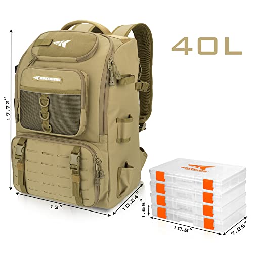 KastKing KarryAll Fishing Backpack with Rod Holder 4 Tackle Boxes, 40/26L | Tackle Bag Storage Fishing Gear and Equipment, Water‑Resistant Material, Fishing Gift for Men - color: B: Large (40 L) - Khaki