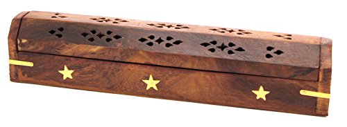 Govinda® Wooden Coffin Incense Burner - 12" Stars - Brass Inlays - Storage Compartment - style: Stars