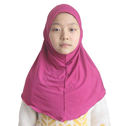 Girls Hijab Muslim Scarf for Kids – Ready to Wear, Solid Color, Soft & Breathable Daily Headwear for Ages 6-11 - color: Rose Red
