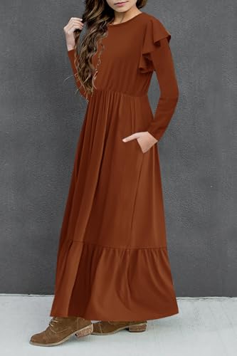 HOSIKA Girls Fall Ruffle Long Sleeve Crew Neck Loose Casual Flowy Tiered Maxi Dress with Pockets for 6-12 Y - color: Brown, size: 6 Years