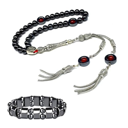 Design - Long & Stylist Tassels Worry Beads-Prayer Beads-Tesbih-Tasbih-Tasbeeh-Misbaha-Subha-Sebha-Sibha-Rosary (Hematite & Red Agate -8 mm-33 Beads & Bracelet) - color: Hematite & Red Agate -8 mm-33 Beads & Bracelet