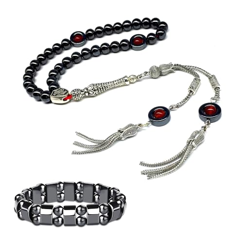 Design - Long & Stylist Tassels Worry Beads-Prayer Beads-Tesbih-Tasbih-Tasbeeh-Misbaha-Subha-Sebha-Sibha-Rosary (Hematite & Red Agate -8 mm-33 Beads & Bracelet) - color: Hematite & Red Agate -8 mm-33 Beads & Bracelet