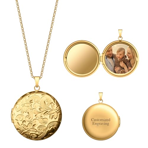 Locket Necklace for Women Girls, 18” Jewelry Chain, Picture Photo Inside, Cadenas para mujer, Personalized Custom Name Gold Locket, Customized Couples Locket, Silver, Rose Gold, Gold - color: Gold, style: 1 Photo + Engraving Necklace