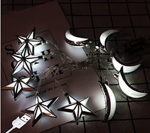 Eid Decoration Moon Star LED String Lights for Indoor House Decoration on Eid & Holidays Décor Indoor Party Supply with USB (20pc Moon & Star Silver-WW) - color: 20pc Moon & Star (Gold) Warm White