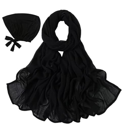 Modal Cotton Hijab Scarf for Women with Undercap Set - color: Black