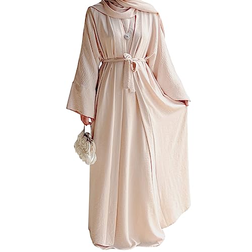 2PCS Women's Muslim Dresses Abaya Islamic Dubai Prayer Dress Robe Long Cardigan Maxi Dress - color: Beige, size: Medium