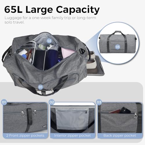 Fmeida 65L Duffle Bag with Shoes Compartment, Foldable Travel Duffel Bags for Men Women, Large Packable Travel Bag Water Repellent & Tear Resistant (Gray) - color: Textured Gray