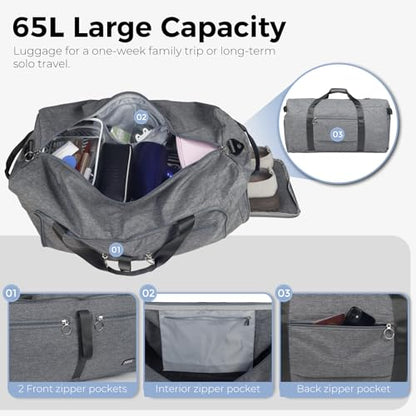 Fmeida 65L Duffle Bag with Shoes Compartment, Foldable Travel Duffel Bags for Men Women, Large Packable Travel Bag Water Repellent & Tear Resistant (Gray) - color: Textured Gray