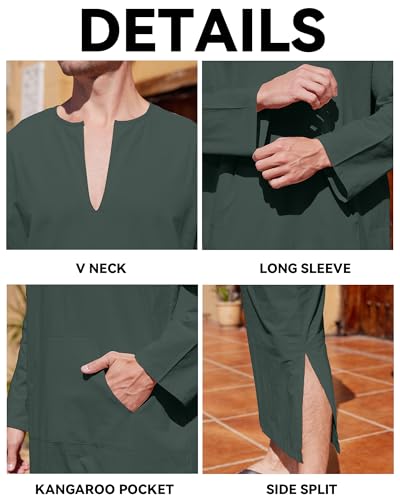 YAOHUOLE Men's Kaftan Thobe Long Sleeve Men Thobe Robe Side Split Men Thobe with Pockets Casual Thobe - color: Dark Gray-long Sleeve, size: X-Large