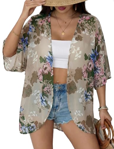 Chunoy Women Short Sleeve Chiffon Kimono Beach Swimsuit Cover Up - color: D2007 Grey, size: Small