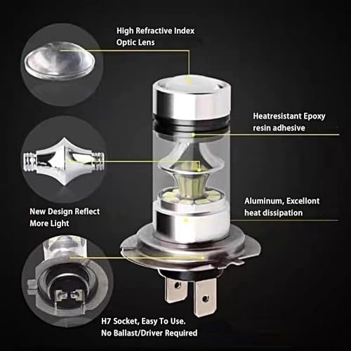 2 PCS H7 LED Car Fog Light Bulbs – 12V 100W Low Beam Lights with 6500K White Front Light & Daytime Running Lights. Features Built-in Lens, Plug-and-Play Design. Universal Fit for Most Vehicles.