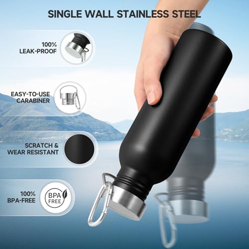 Volhoply 26oz Uninsulated Single Walled Water Bottle, Stainless Steel Reusable Water Bottles with Handle & Carabiner, BPA Free Wide Mouth Water Bottles for Gym Sports Camping（Black,1） - color: Black