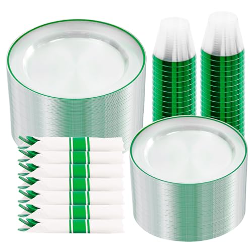 SUT 350 Pcs Green and Clear Plastic Dinnerware Set for 50 Guests, Include: 50 Dinner Plates, 50 Dessert Plates, 50 Pre Rolled Napkins With Silverware, 50 Cups, Disposable Plates for Party - color: Clear Green, size: 350PCS