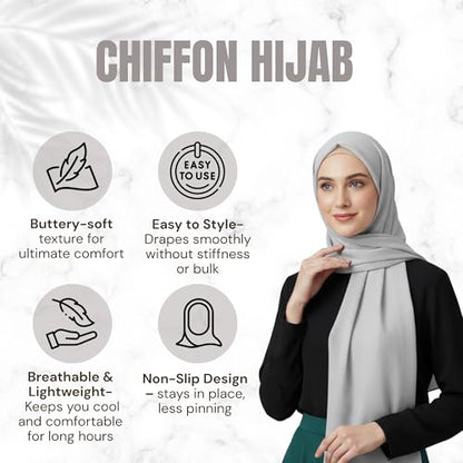NOOR Chiffon Hijab Set for Women - Pack of 5 Lightweight Non-Slip Scarves, Premium Breathable Fabric, Gift-Ready Packaging - color: Mix Colors 7