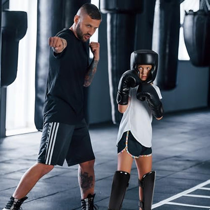 Arrowbash 5 Pcs Boxing Guards Set for Kids with Sparring Headgear, 6oz Boxing Gloves and Leg Shin Guards Wrestling Headgear for Youths Teens Boys Girls Kickboxing Karate Muay Thai BJJ Training - color: Black