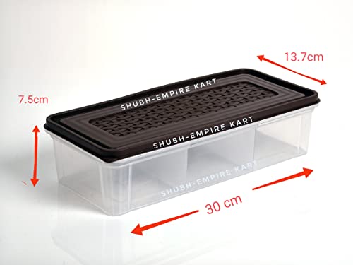 3 Partition Fridge Storage Container Boxes Organizer,Refrigerator Plastic Storage Box For Kitchen,For Dry/Liquid Food,Stackable Microwave Safe Container For Fish Meat-Pack Of 2,Blue
