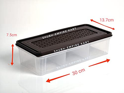 3 Partition Fridge Storage Container Boxes Organizer,Refrigerator Plastic Storage Box For Kitchen,For Dry/Liquid Food,Stackable Microwave Safe Container For Fish Meat-Pack Of 2,Blue