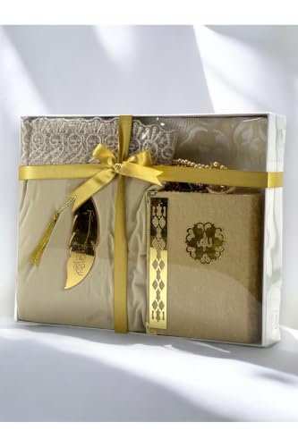 SODEF Islamic Prayer Set - Includes Quran, Prayer Dress, Zikirmatik, Seccade Prayer Rug, Bookmark, and Prayer Beads - Gold Color, One Size - Appropriate Spiritual Gift - Gold