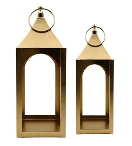 Hosley Set of 2 Modern Metal Lanterns, Gold, for Farmhouse Decor Ideal for Modern Farmhouse Decor, Home Decor Living Room, Parties, Weddings, Aromatherapy, Gifts - color: Gold