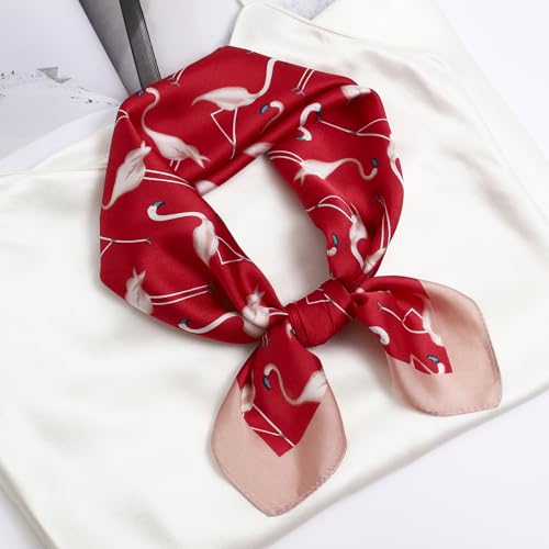 STARWHISPER 27" Square Head Scarf for Women Silk Feeling Satin Scarf Women Fashion Silk Scarf for Wrapping Hair - color: Red-crowned Crane4