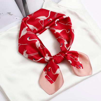 STARWHISPER 27" Square Head Scarf for Women Silk Feeling Satin Scarf Women Fashion Silk Scarf for Wrapping Hair - color: Red-crowned Crane4
