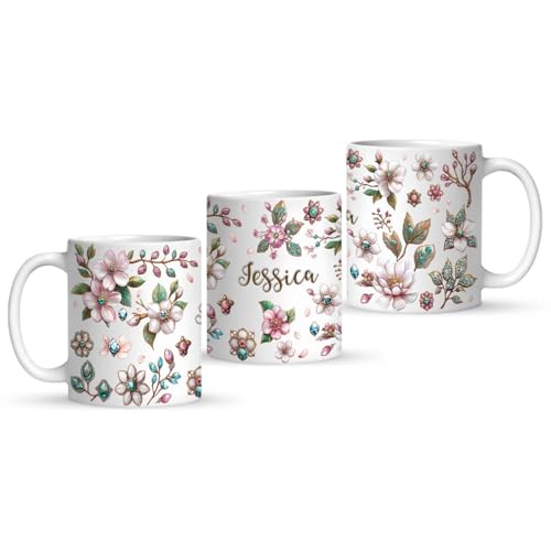 Personalized Sparkling Cherry Blossom Coffee Mug, National Cherry Blossom Festival Inspired Cup, Custom Name Ceramic Cup 11oz 15oz, Customized Elegant Floral Full Wrap White Mug - color: XUA-1124-3658-Cherry Blossom Festival