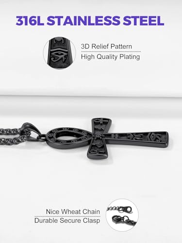 Richsteel Stainless Steel/Gold/Black Plated Ankh Cross Pendant Necklace for Men Women with Wheat Chain Religious Jewelry(with Gift Box) - color: 01-Black Hieroglyphs