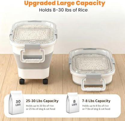 30 Lbs Rice Container, Collapsible Dog Food Storage Container | Airtight Cat Food Container with Wheels, Transparent Lid, Measuring Cup, Scoop and Handle, BPA Free for Pet Food, Bird Seed - size: 30lbs