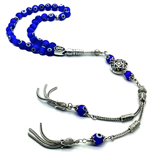 Design - New Long & Stylist Tassels Worry Beads - Prayer Beads (8 mm-33 Beads) Tesbih-Tasbih-Tasbeeh-Misbaha-Subha-Sebha-Sibha-Rosary (Evil Eye - Twin Tassel) - color: Evil Eye - Twin Tassel